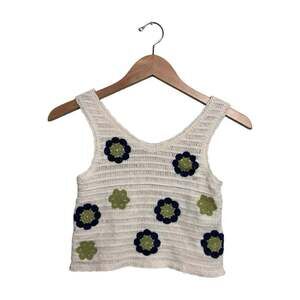 Women’s Crochet Knit Flower Tank Top Y2K Boho Cottagecore Floral Top Size Large